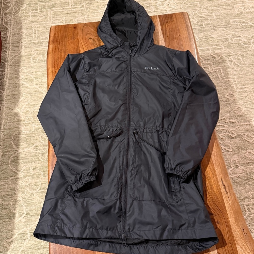 Columbia Full Zip Long Black Hooded Rain Jacket Cinch Waist Size M
